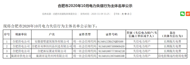 合肥市首批失信电力用户正式公布